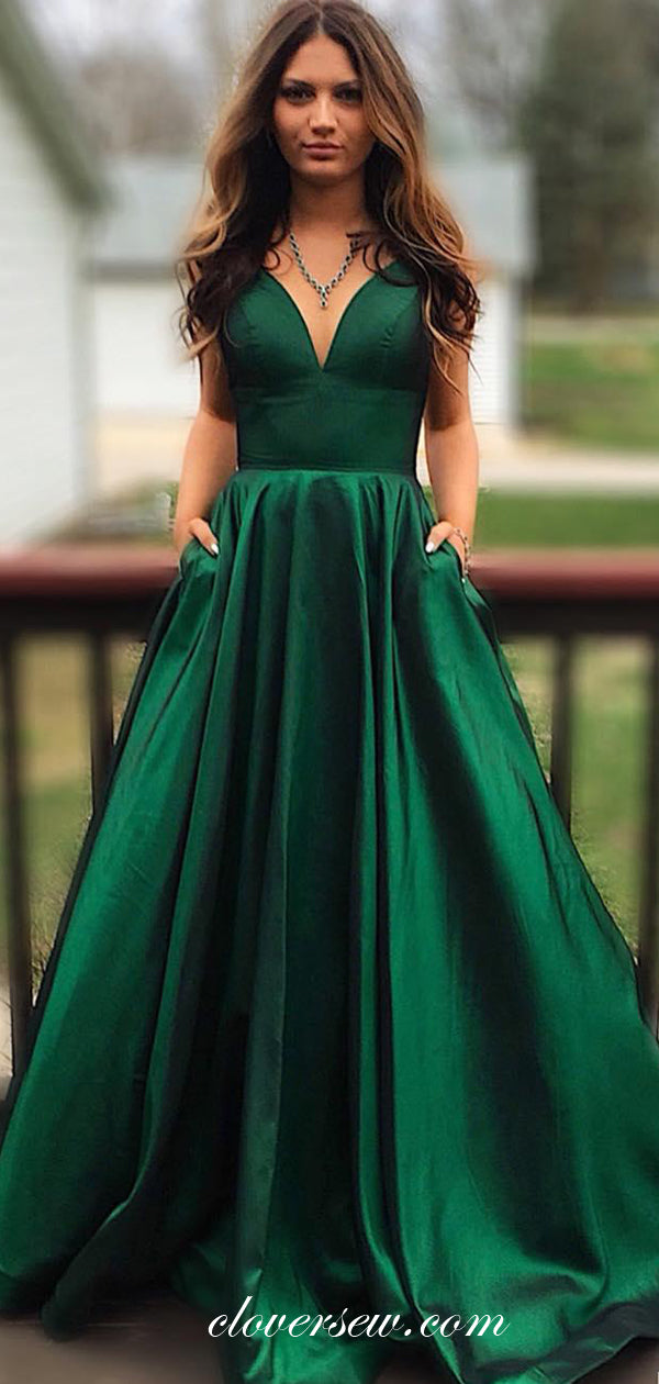 Green Satin Spaghetti Strap A-line With Pocket Prom Dresses,CP0374
