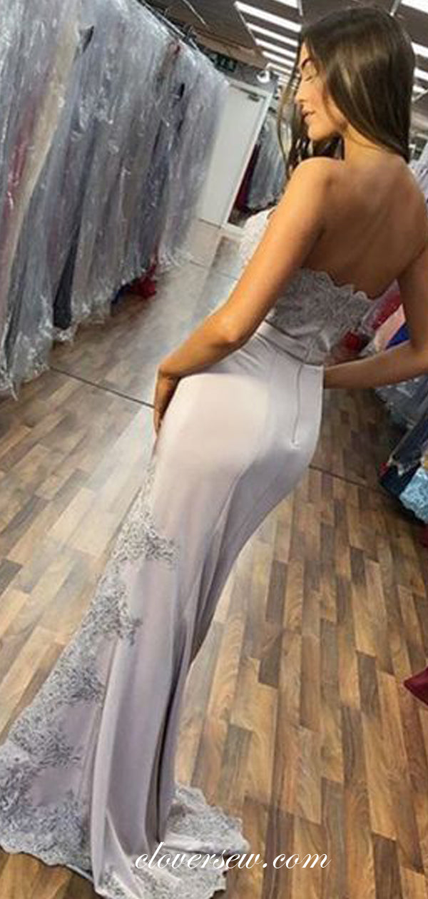 Grey Applique Strapless Side Slit Sheath Column Prom Dresses, CP0570
