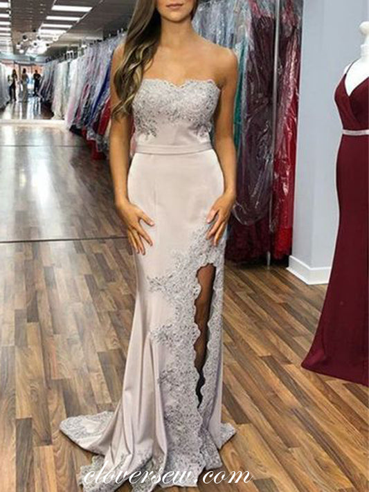 Grey Applique Strapless Side Slit Sheath Column Prom Dresses, CP0570