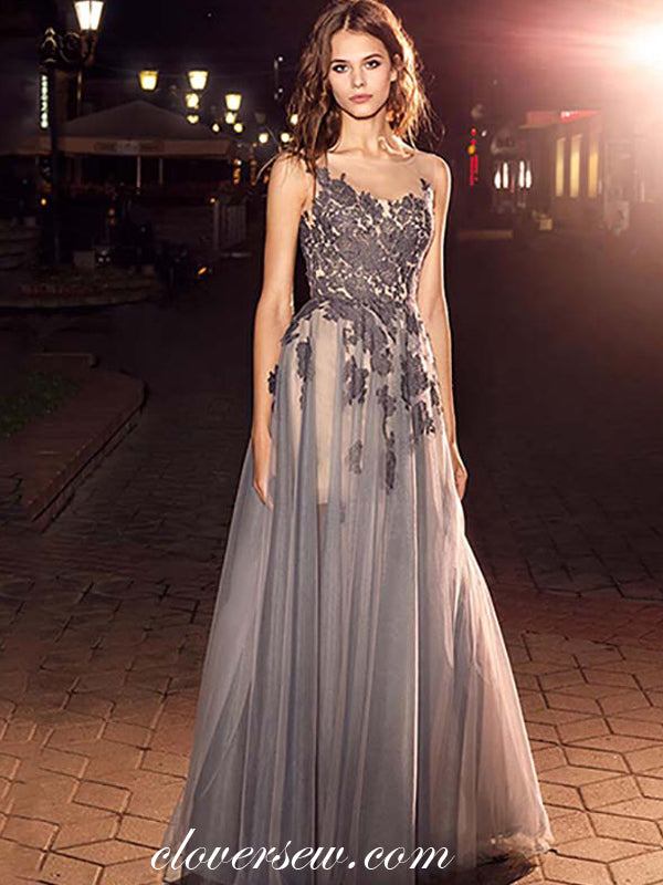 Grey Tulle Lace Illusion Sleeveless A-line Prom Dresses, CP0491