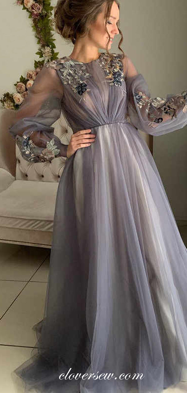 Grey Tulle Long Sleeves Applique A-line Prom Dresses,CP0436