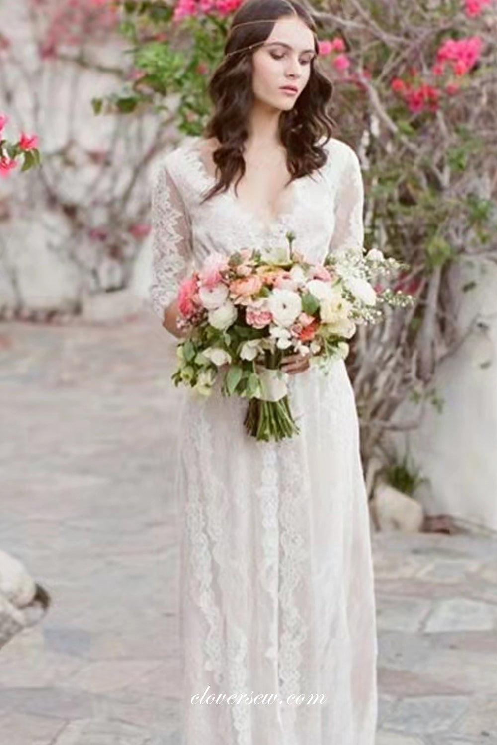 Half Sleeves Lace Charming V-neck Column Boho Wedding Dresses, CW0277