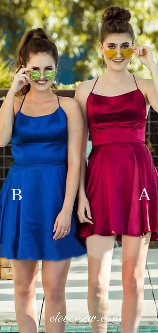 Halter Satin Lace Up Back Short Homecoming Dresses, CH0021