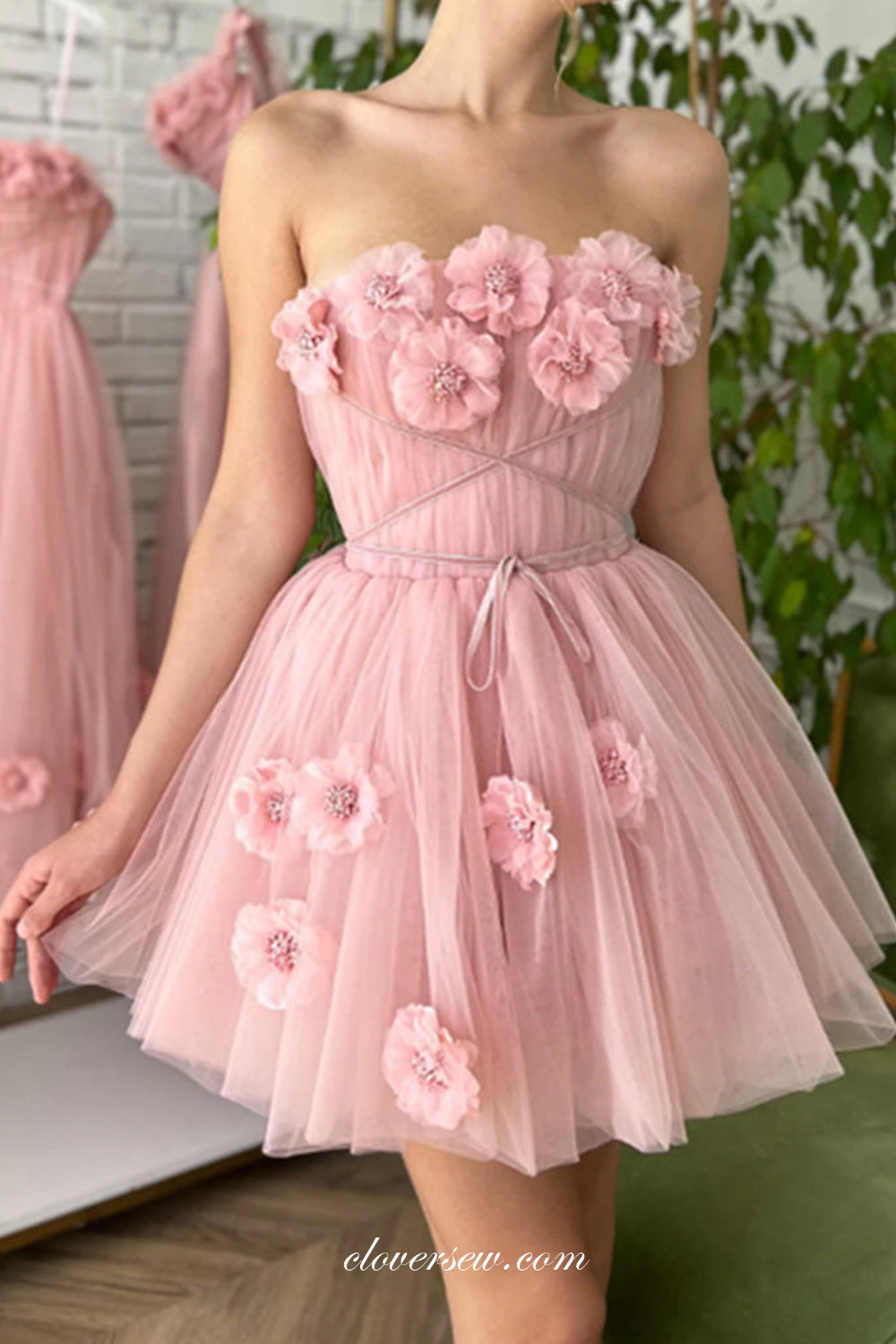 Handmade Flowers Pink Tulle Strapless Short Party Dresses, CP1012