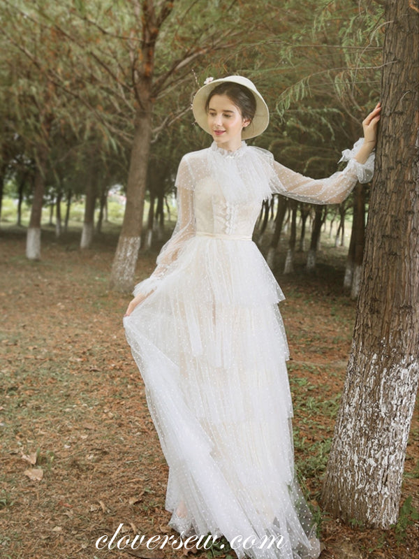 High Neck Lace Tulle Long Sleeves Column Tiered Vintage Wedding Dresses, CW0276