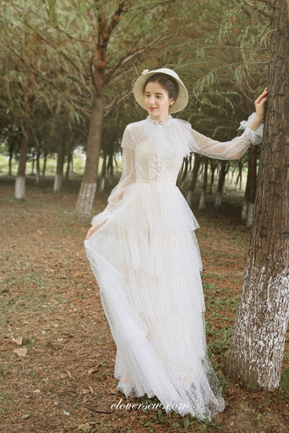 High Neck Lace Tulle Long Sleeves Column Tiered Vintage Wedding Dresses, CW0276