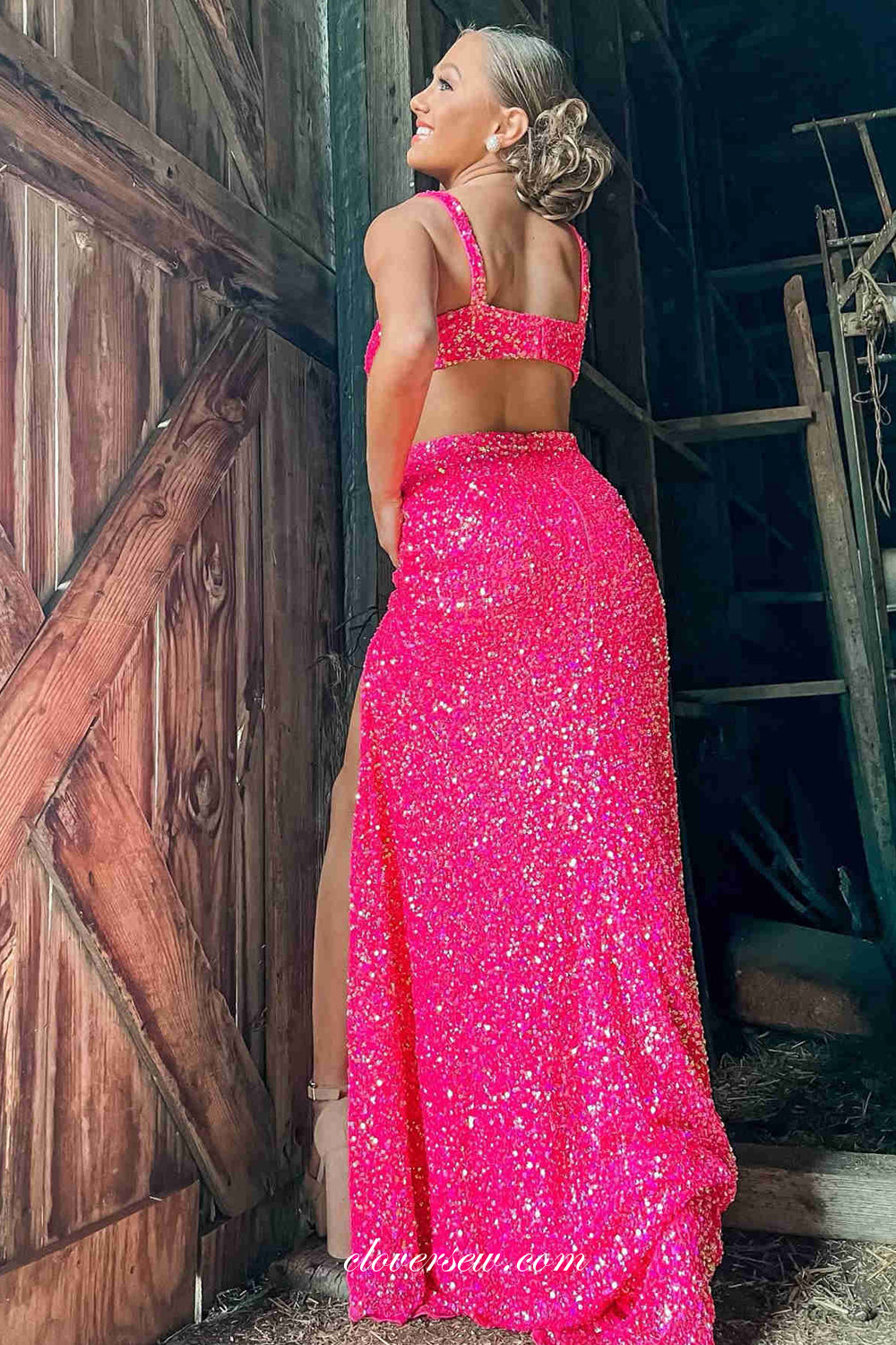 Hot Pink Sequin V-neck Open Waist Sheath With Slit Prom Dresses, CP0893