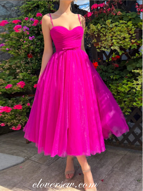 Hot Pink Tulle Sweetheart A-line Tea-length Short Prom Dresses, CP0968