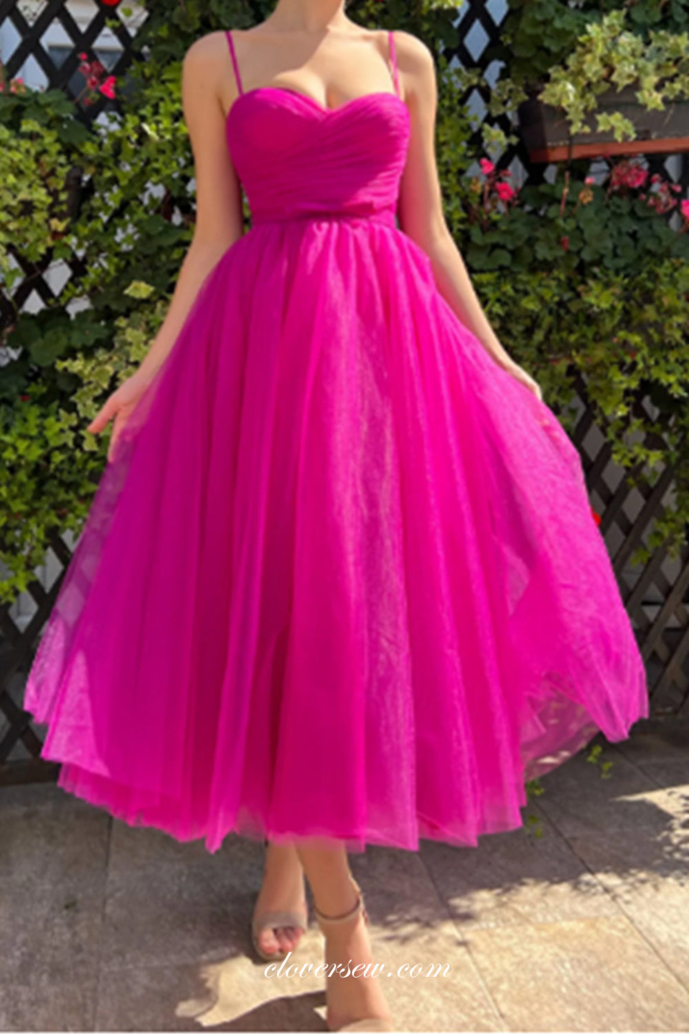 Hot Pink Tulle Sweetheart A-line Tea-length Short Prom Dresses, CP0968