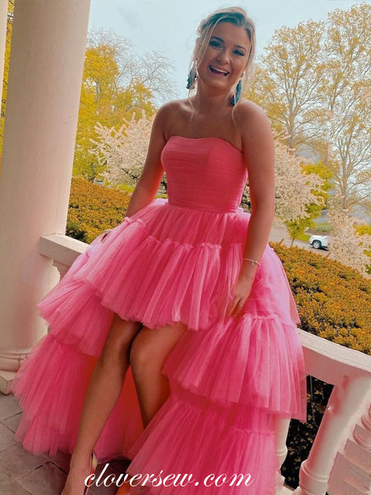 Hot Pink Tulle Tiered High Low Strapless Fashion Prom Dresses, CP0854