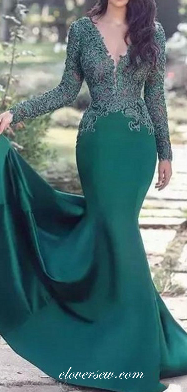 Hunter Green Lace Long Sleeves Mermaid Prom Dresses,CP0176