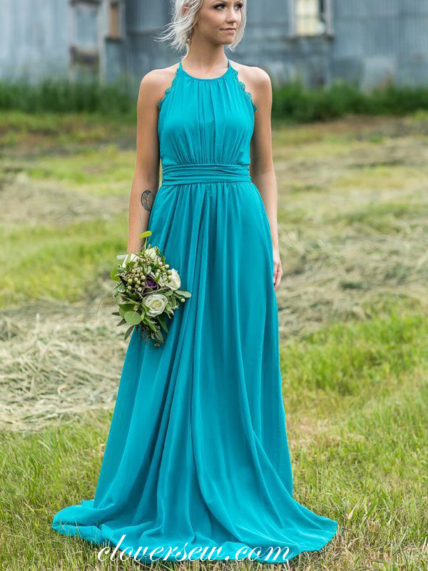 Ice Blue Chiffon Halter Open Back A-line Long Bridesmaid Dresses,CB0136