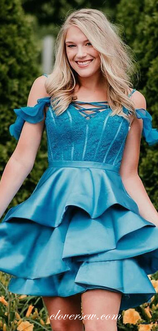 Ice Blue Off The Shoulder Tiered Homecoming Dresses, CH0023