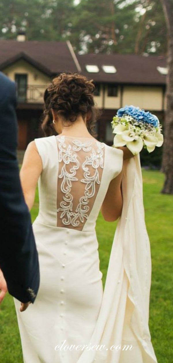 Illusion Lace Applique Back Ivory Wedding Dresses ,CW0234