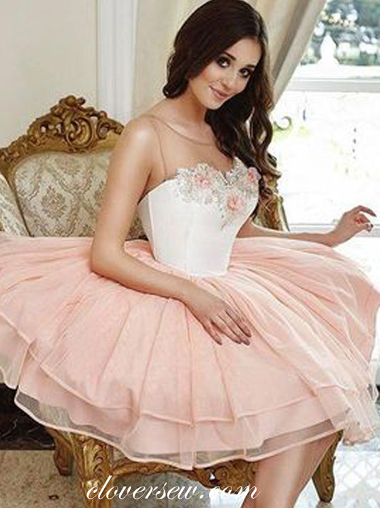 Illusion Neckline Blush Pink Tulle Sweet Homecoming Dresses, CH0009