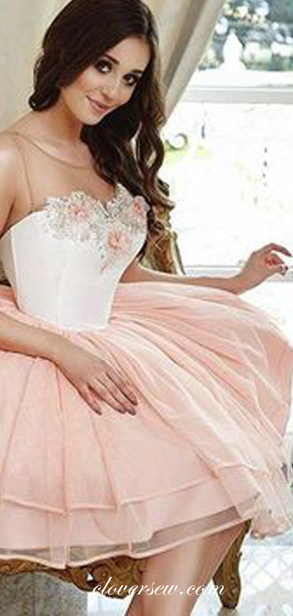 Illusion Neckline Blush Pink Tulle Sweet Homecoming Dresses, CH0009