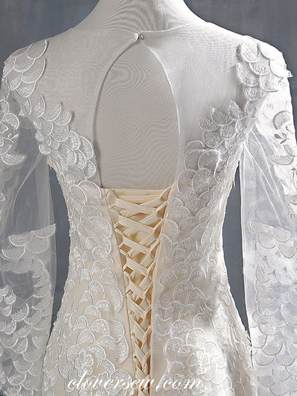 Illusion Lace Long Sleeves Mermaid Lace Up Back Wedding Dresses, CW0070