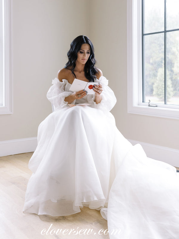 Ivory Organza Off The Shoulder A-line With Train Romantic Wedding Dresses, CW0307