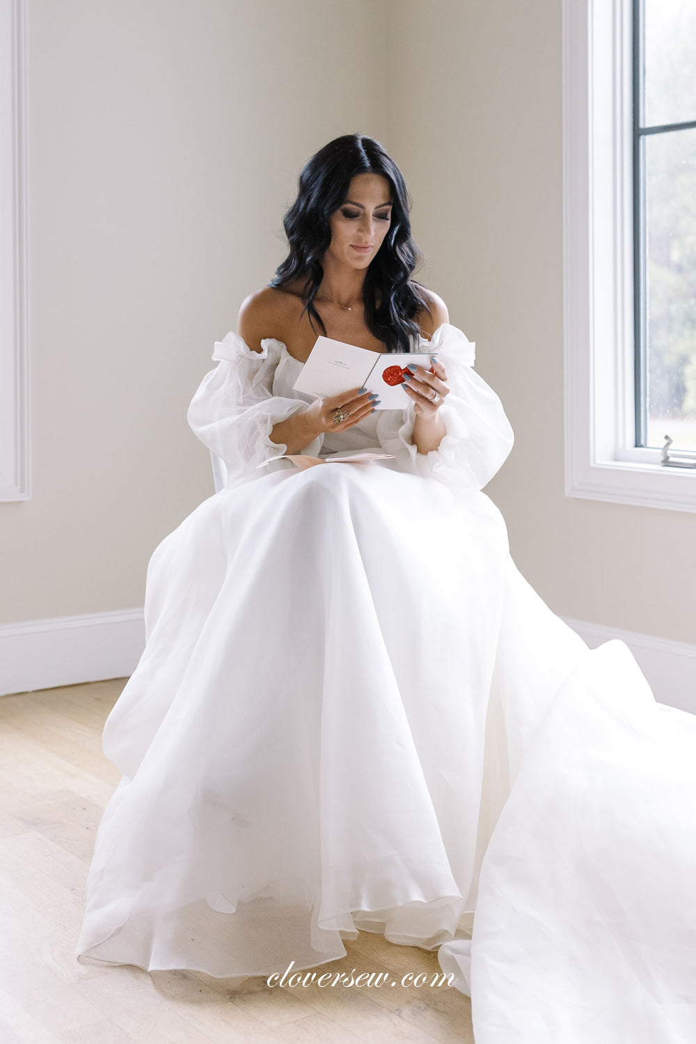 Ivory Organza Off The Shoulder A-line With Train Romantic Wedding Dresses, CW0307