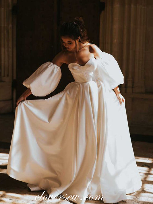 Ivory Satin Convertible Lantern Sleeves A-line Wedding Dresses, CW0287