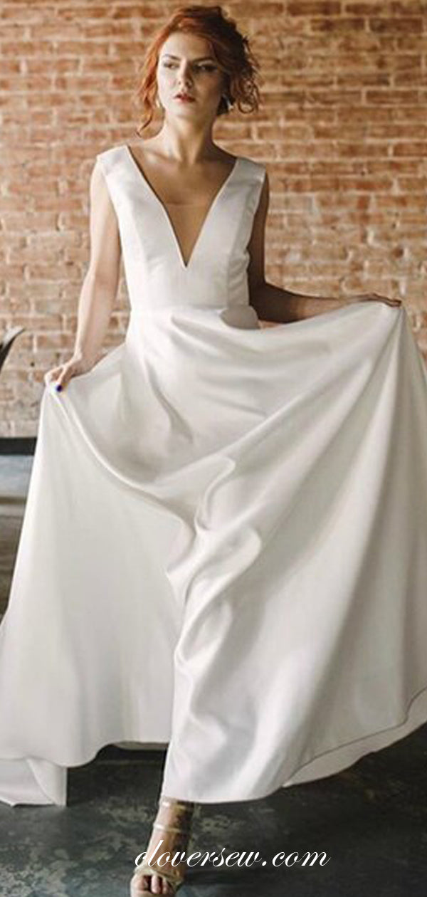 Ivory Satin V-neck V-back Sleeveless A-line Wedding Dresses ,CW0137