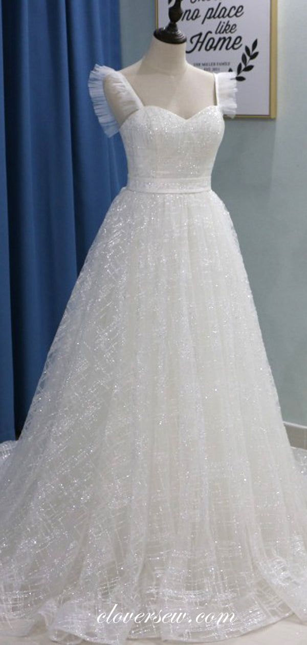 Ivory Shiny Sequin Tulle A-line Fashion Wedding Dresses, CW0175