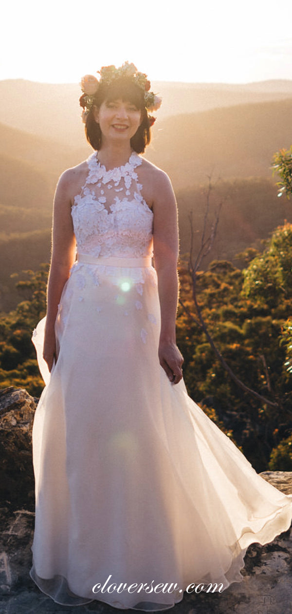 Ivory Chiffon Applique Halter A-line Country Wedding Dresses, CW0030