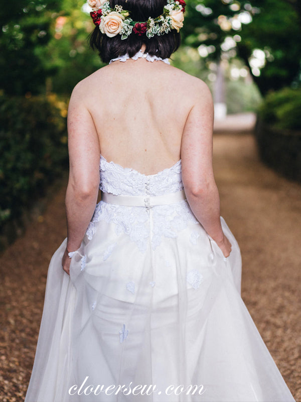 Ivory Chiffon Applique Halter A-line Country Wedding Dresses, CW0030