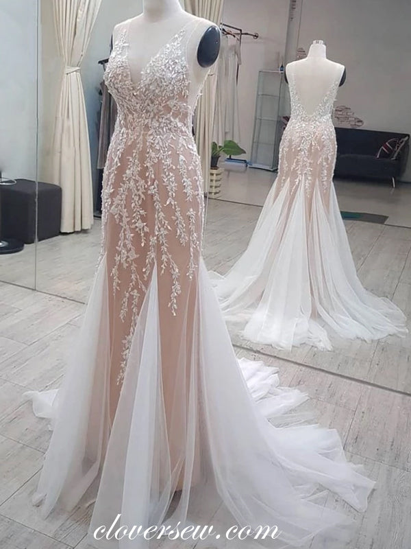 Ivory Lace Applique Nude Lining Spagehtti Strap Prom Dresses ,CP0303