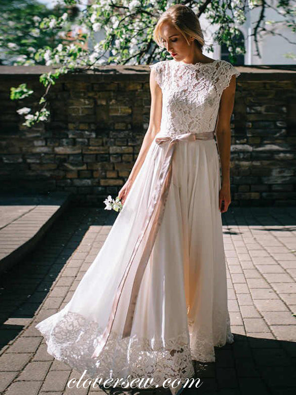 Ivory Lace Chiffon Cap Sleeves A-line Boho Wedding Dresses,CW0103