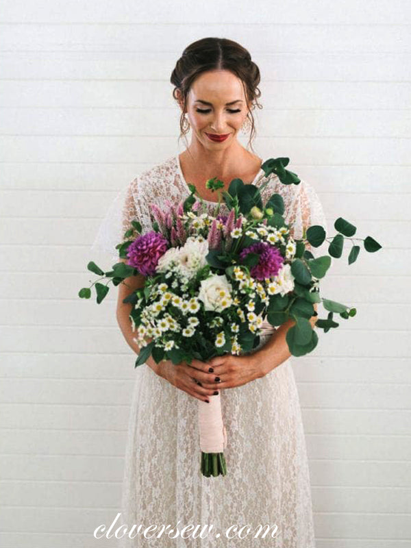 Ivory Lace Round Neck Shawl A-line Boho Wedding Dresses, CW0022