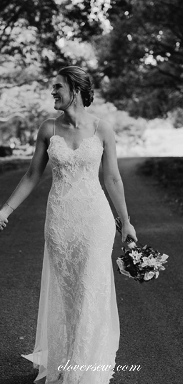 Ivory Lace See Through Top Spaghetti Strap Column Wedding Dresses, CW0006