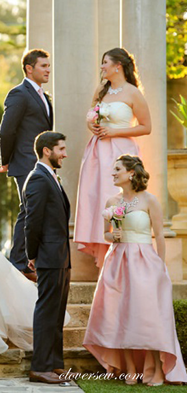 Ivory Pink Satin Sweetheart Strapless High Low Bridesmaid Dresses, CB0059