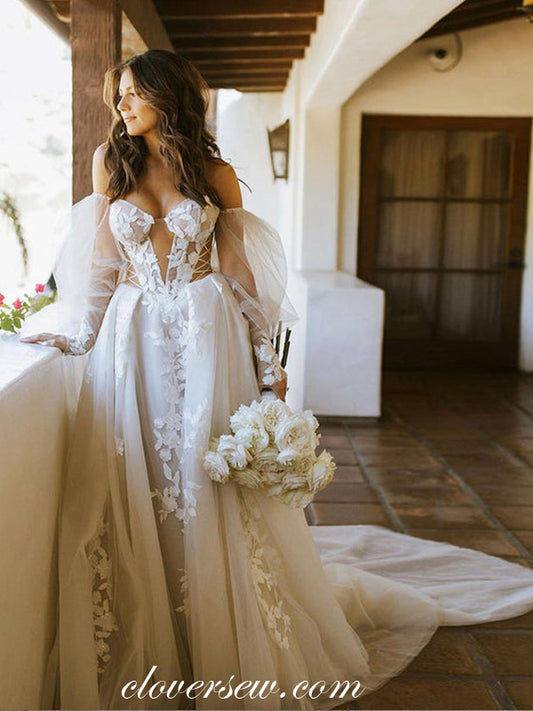 Lace Applique Long Lantern Sleeves Off The Shoulder Ball Gown Wedding Dresses, CW0345