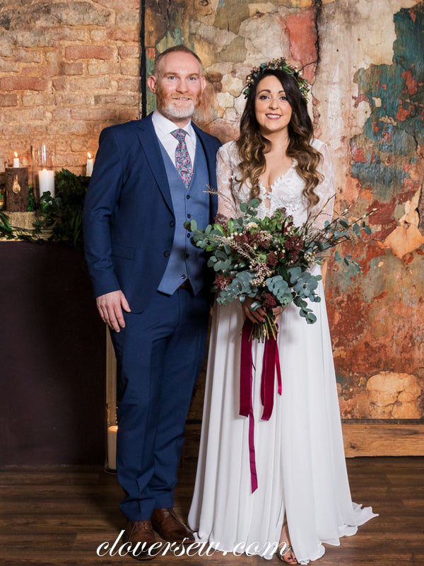 Lace Chiffon Long Sleeves A-line Wedding Dresses, CW0236