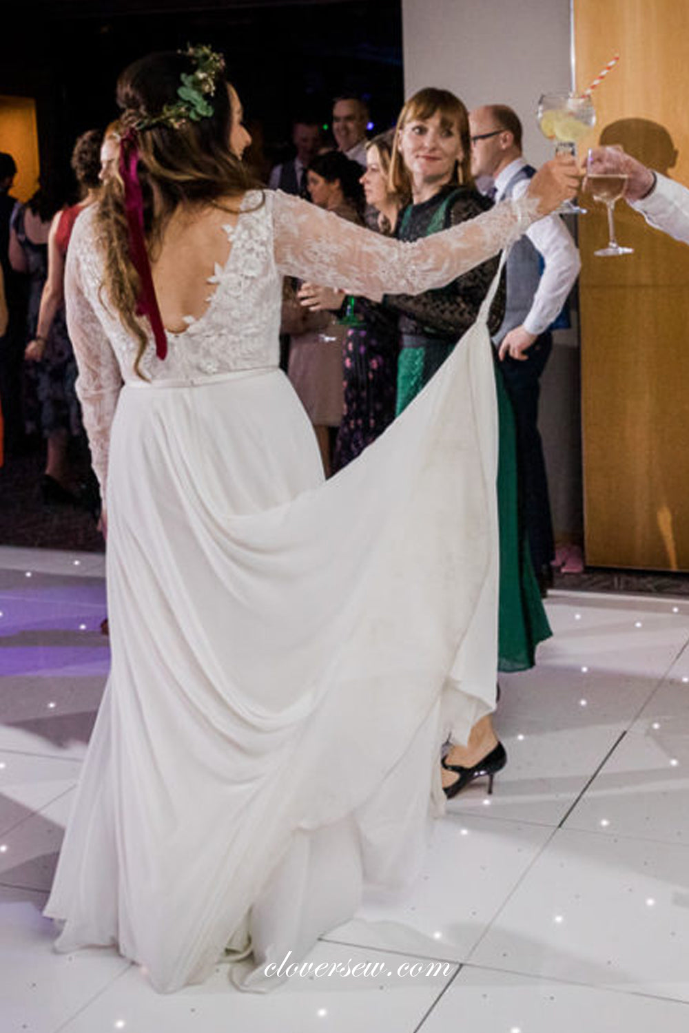 Lace Chiffon Long Sleeves A-line Wedding Dresses, CW0236