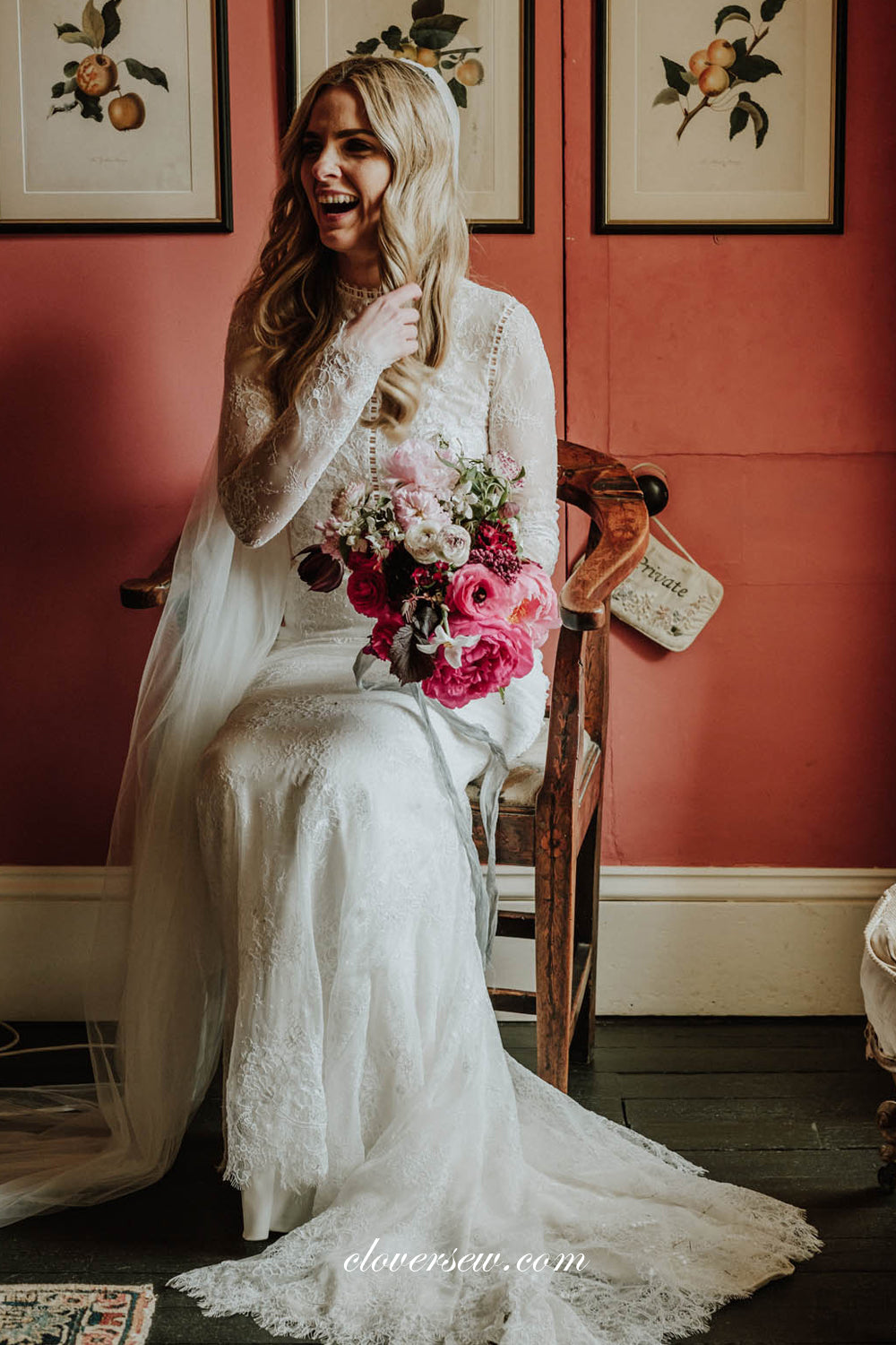 Lace High Neck Long Sleeves Sheath Wedding Dresses, CW0238