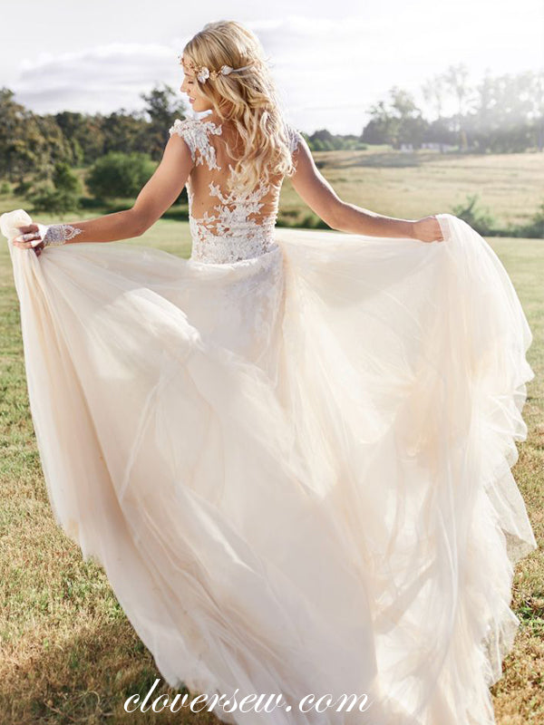 Lace See Through Top Ivory Tulle A-line Wedding Dresses,CW0131