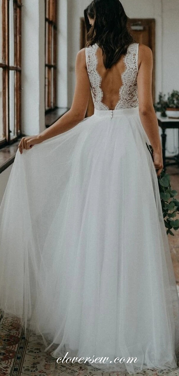 Lace Tulle Sleeveless Elegant A-line Beach Wedding Dresses CW0198