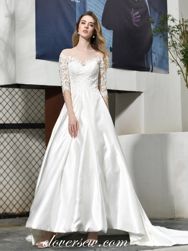 Lace Top Off The Shoulder Satin A-line Half Sleeves Wedding Dresses, CW0076