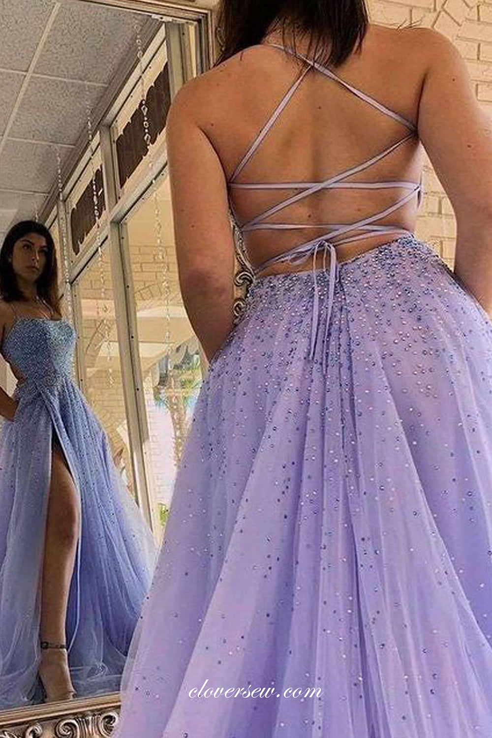 Lavender Beading Tulle Spaghetti Strap Lace Up Back Side Slit Prom Dresses, CP0936
