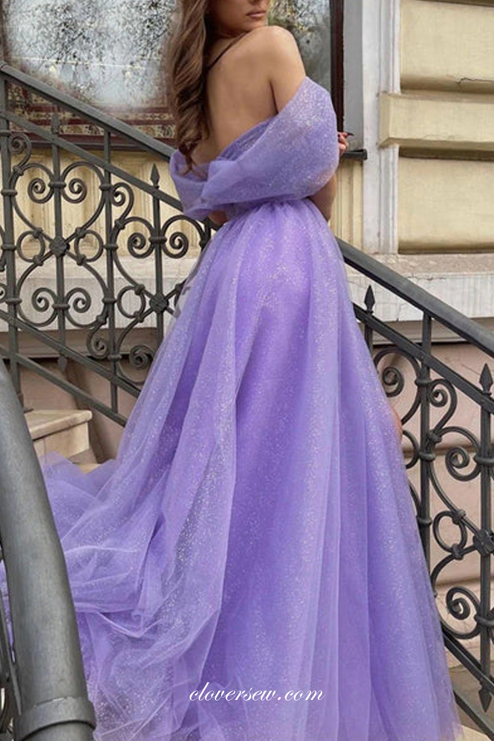 Lavender Glitter Tulle Off The Shoulder A-line Popular Prom Dresses, CP0874