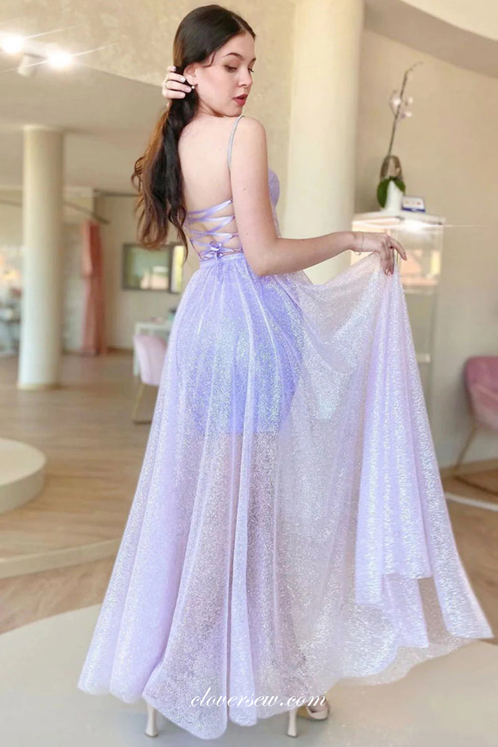 Lavender Glitter Tulle Sweetheart Spaghetti Strap Sparkly Prom Dresses, CP0996