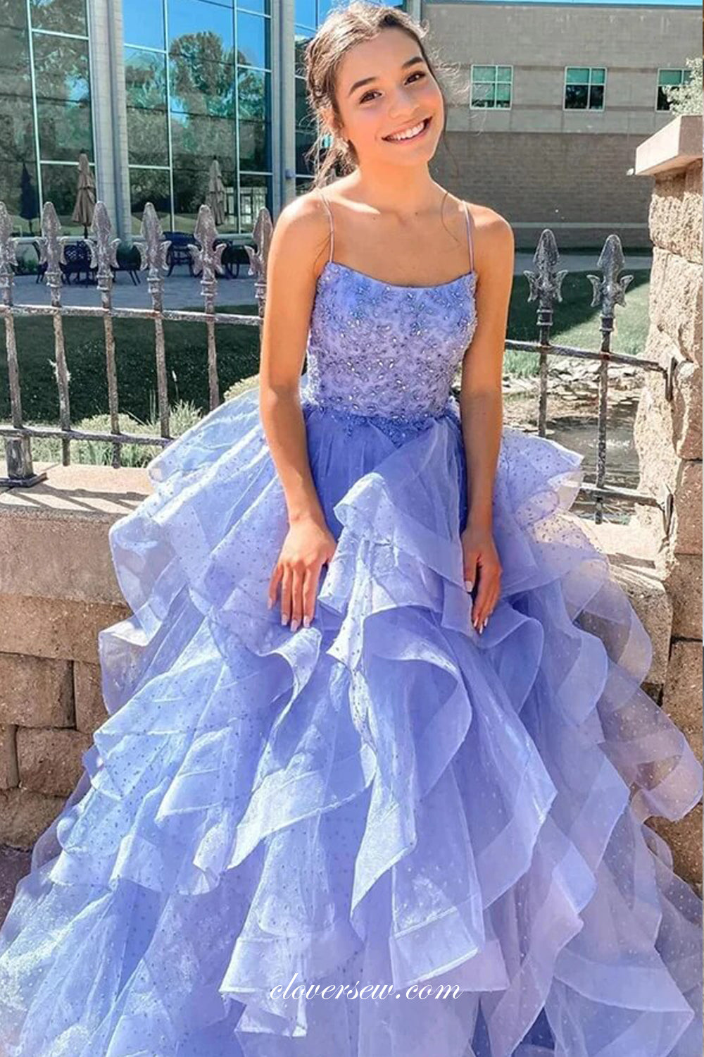 Lavender Ruffles Polka Dot Tulle Beading Lace Senior Prom Gown, CP0979