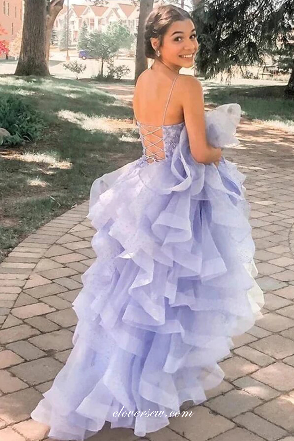 Lavender Ruffles Polka Dot Tulle Beading Lace Senior Prom Gown, CP0979