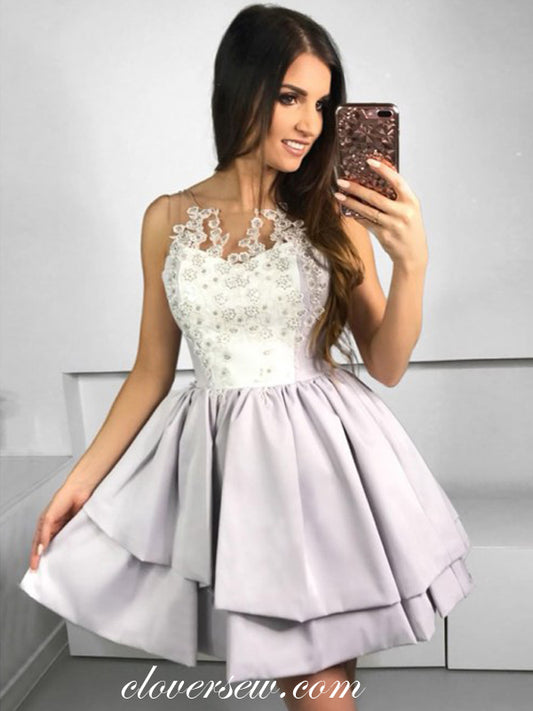 Lavender Satin Bead Applique Sleeveless Homecoming Dresses ,CH0010