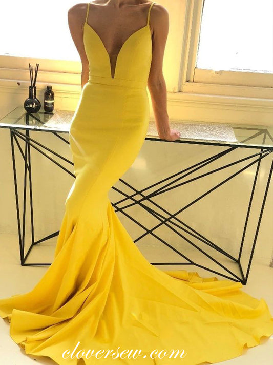 Lemon Yellow Spaghetti Strap Mermaid Sweep Train Prom Dresses, CP0513