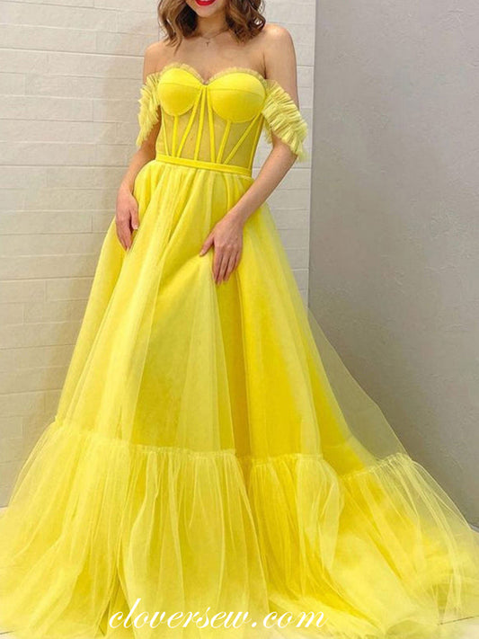 Lemon Yellow Tulle Off The Shoulder Sweetheart A-line Prom Dresses, CP0832