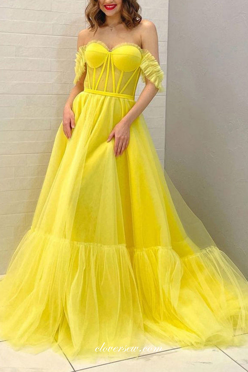 Lemon Yellow Tulle Off The Shoulder Sweetheart A-line Prom Dresses, CP0832