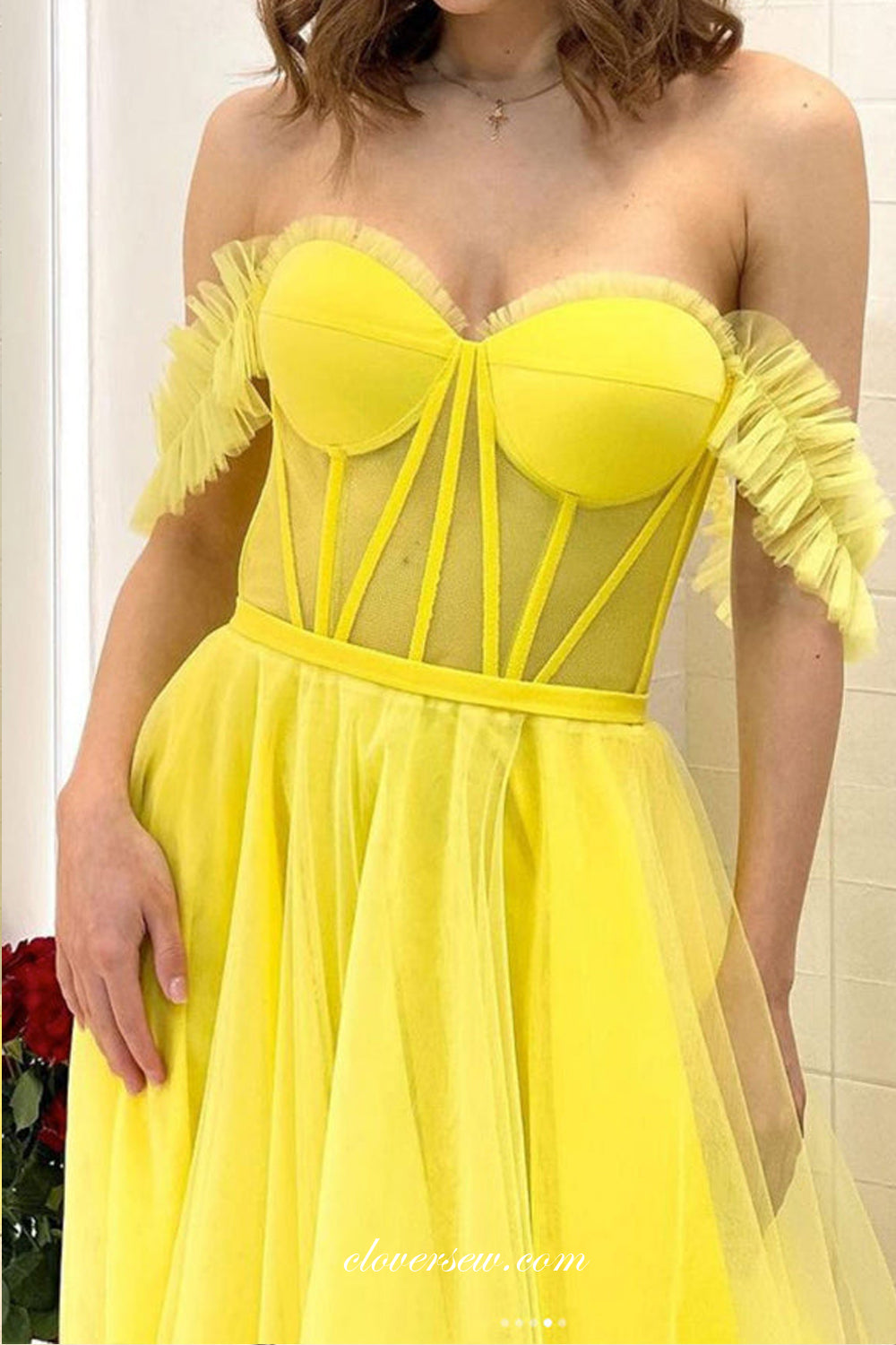 Lemon Yellow Tulle Off The Shoulder Sweetheart A-line Prom Dresses, CP0832